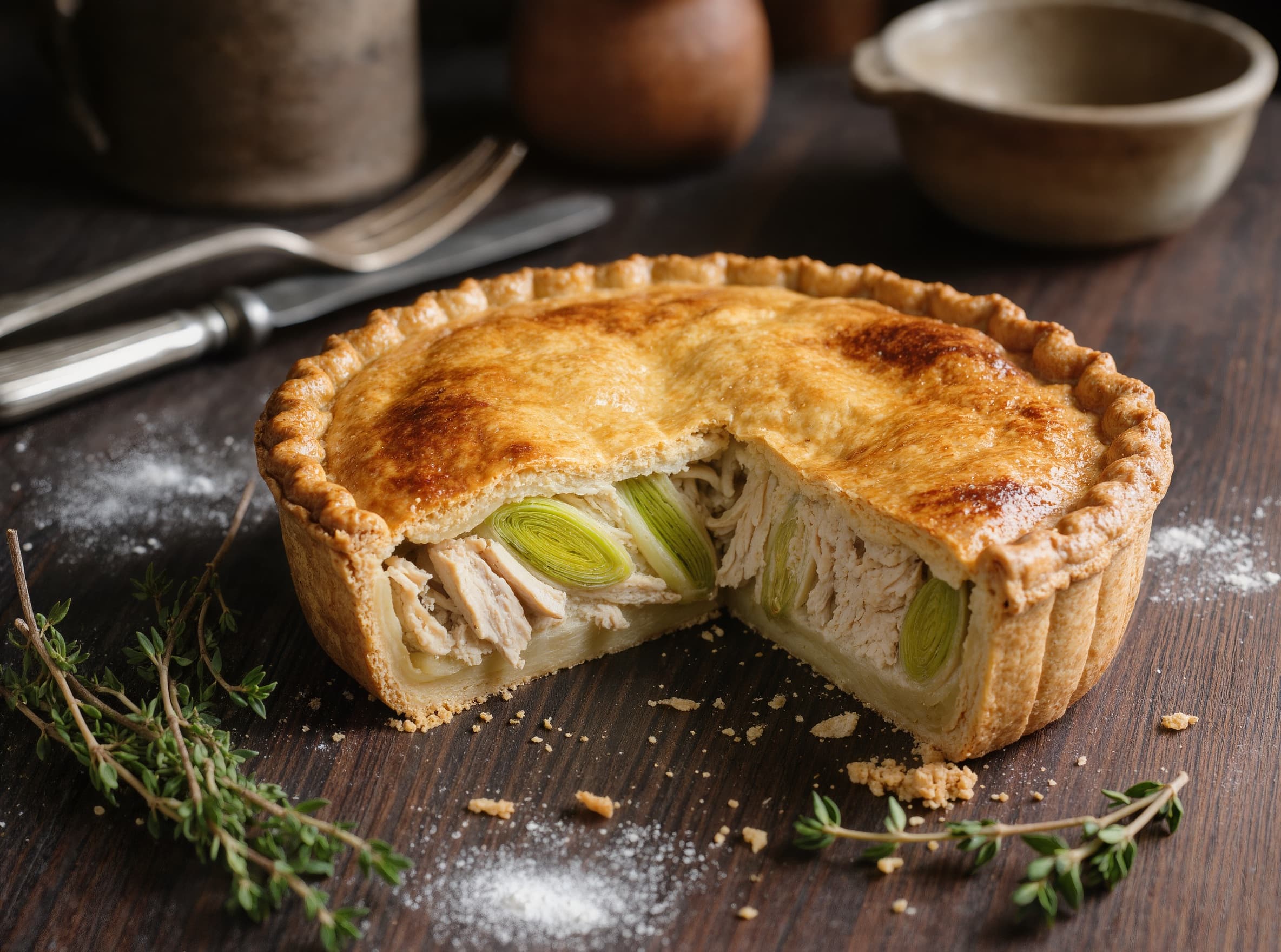 A golden double-crust chicken pie cooling on a kitchen table