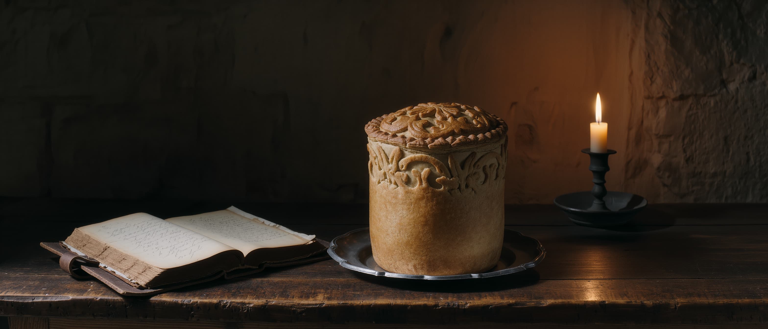A tall raised pie with sculpted pastry beside an old handwritten cookbook in candlelight