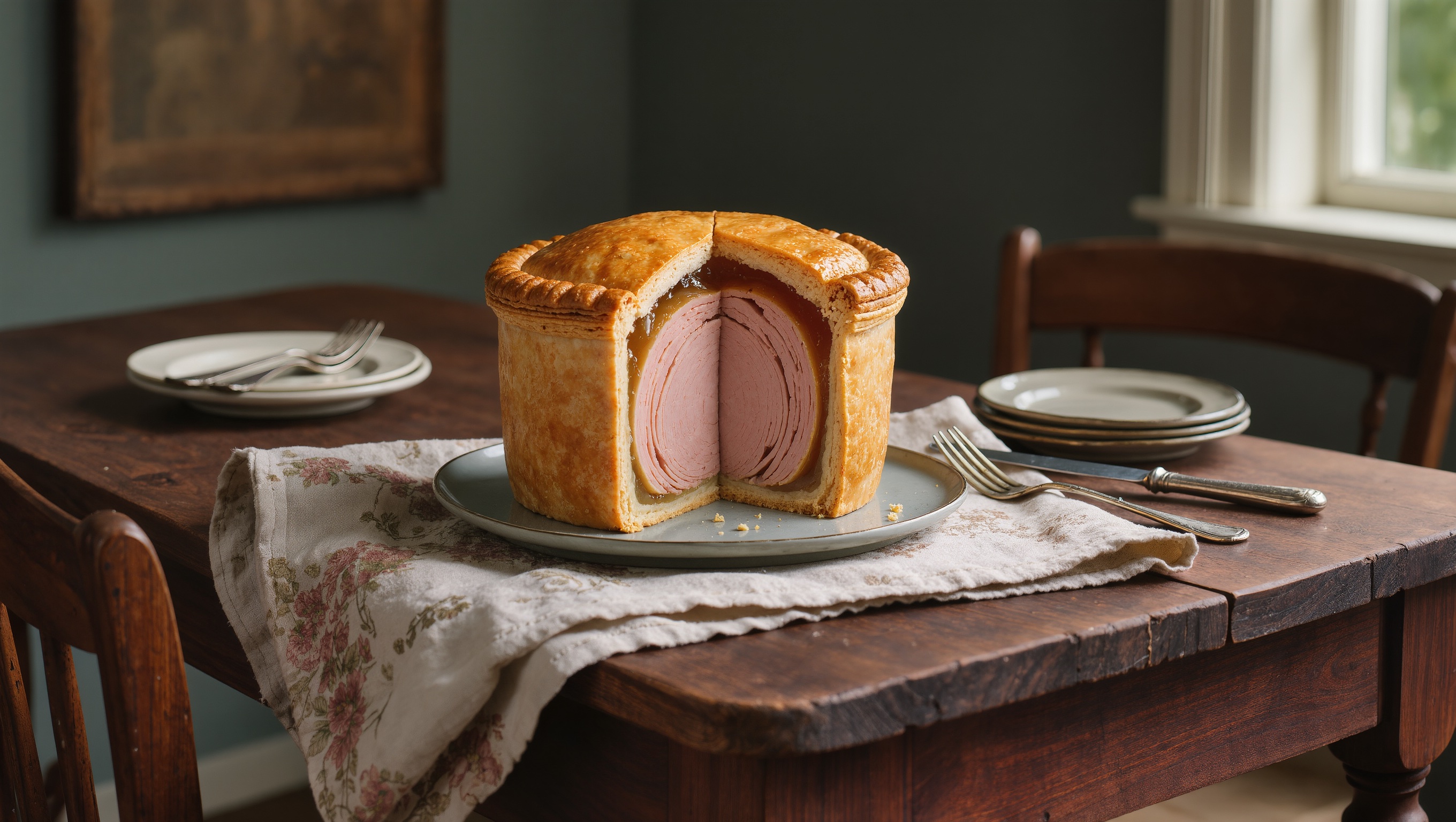 The British chicken and ham raised pie, traditional presentation