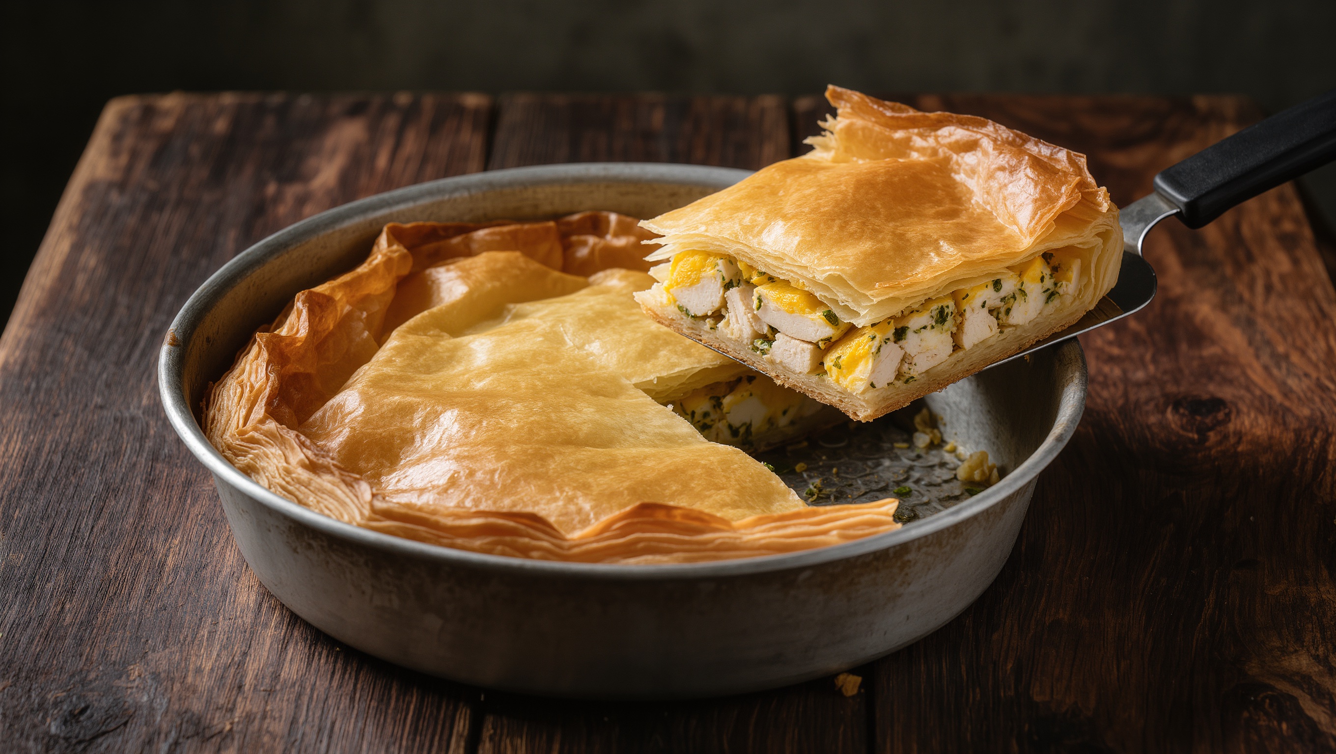 Kotopita: the Greek filo chicken pie, traditional presentation