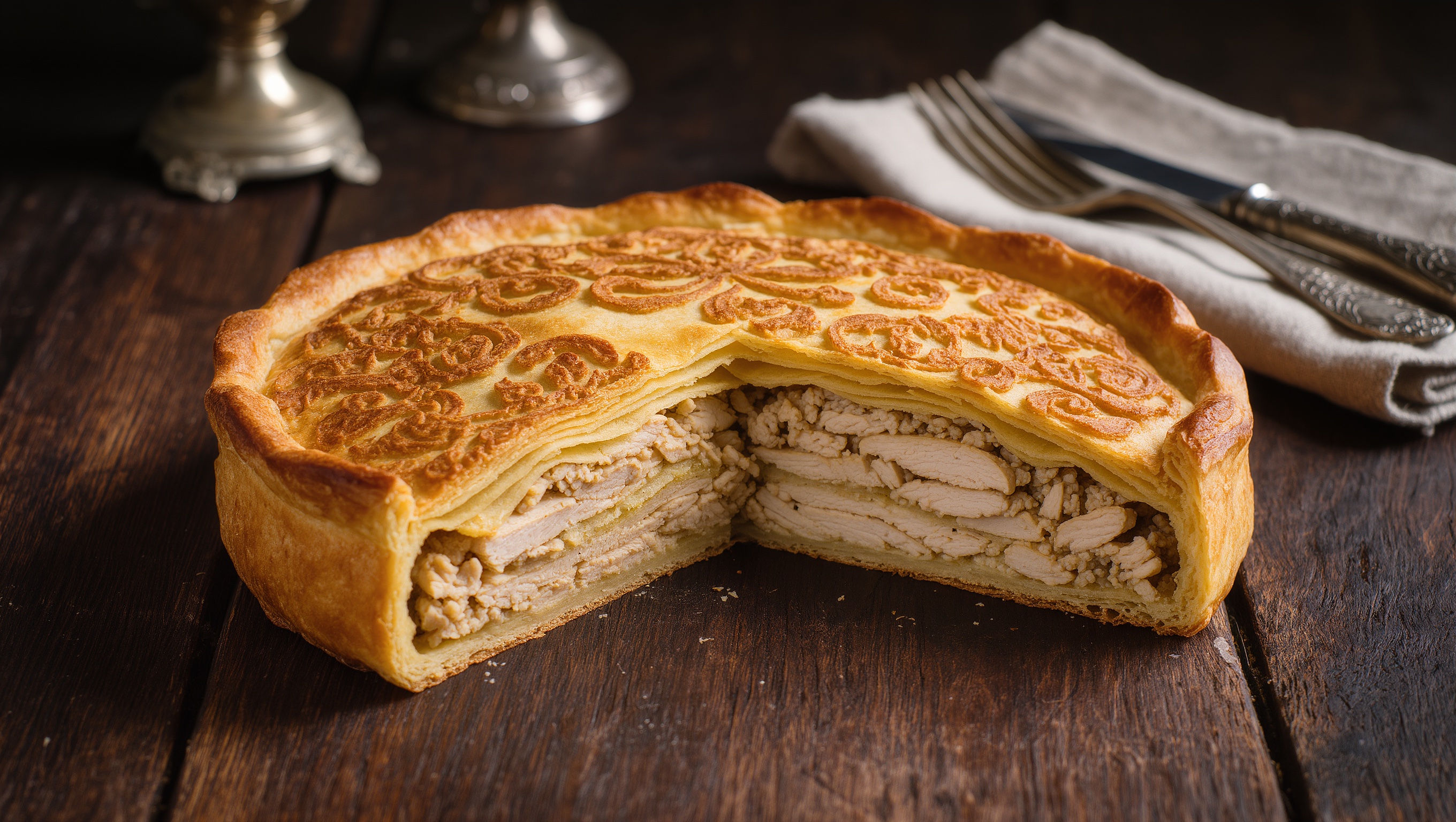 Kurnik: the Russian chicken pie, traditional presentation